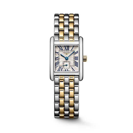 Front view of rectangular stainless steel watch with stainless steel and yellow gold strap image number 0